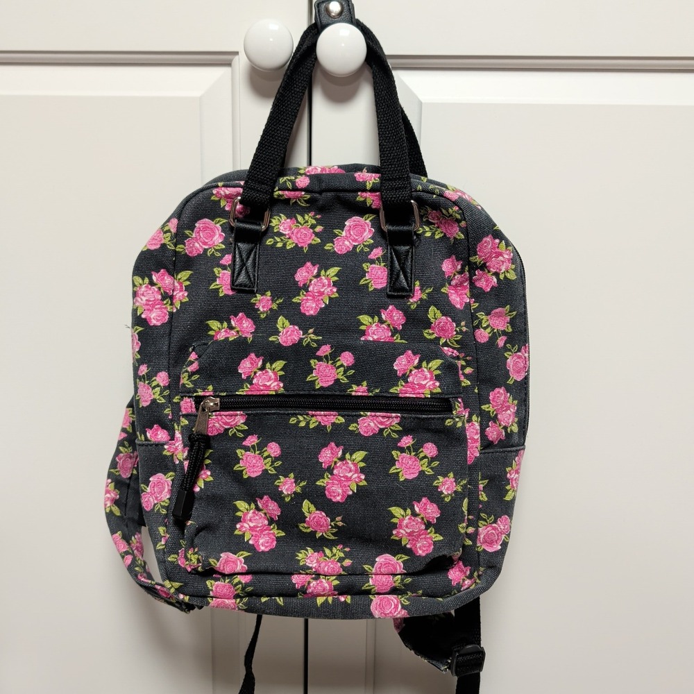 Wild‎ Fable Black Pink Floral Rose Canvas Mini Backpack Adjustable Straps
